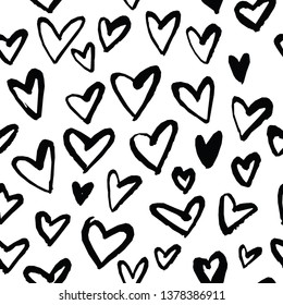 Abstract seamless heart pattern. Ink illustration. Black and white.