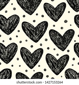 Abstract seamless heart pattern. Ink illustration. Black and white.