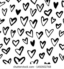 Abstract seamless heart pattern. Ink illustration. Black and white.