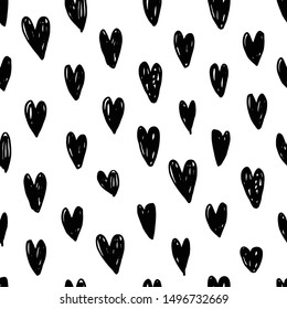 Abstract seamless heart pattern. Ink illustration. Black and white. Hand drawn vector elements.