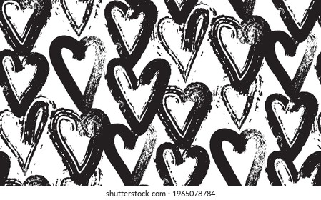 Abstract seamless heart pattern. Ink illustration. Black and white.