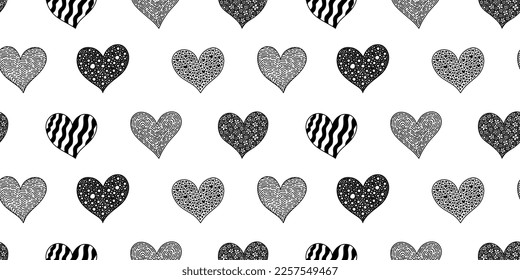 Resumen de un patrón cardíaco sin fisuras. Ilustración de tinta. Blanco y negro. Patrón al estilo escandinavo. Patrón vectorial de moda para el diseño de tarjetas, fondos de pantalla, scrapbooking. El corazón del perro.