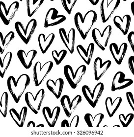Abstract seamless heart pattern. Ink illustration. Black and white.