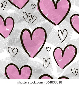 Abstract seamless heart pattern. Ink illustration. Black and white.