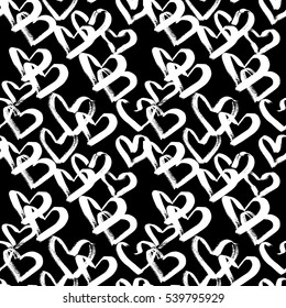 Abstract seamless heart pattern. Ink illustration. Black and white background.