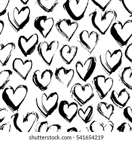 Abstract seamless heart pattern. Ink illustration. Black and white.
