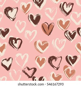 Abstract seamless heart pattern. Ink illustration. Nude and pink romantic background