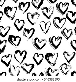 Abstract seamless heart pattern. Ink illustration. Black and white background.