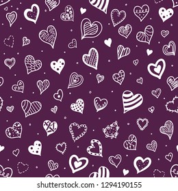Abstract seamless heart pattern on violet background. Illustration in doodle style. Violet and white. St. Valentine's Day. Love.