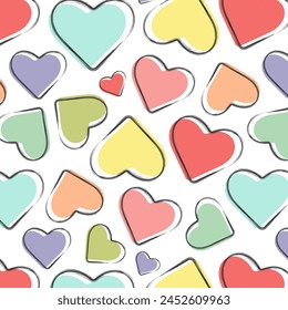 Abstractas patrón de corazón sin fisuras.Símbolo de amor.Corazones multicolores con textura y tonos pastel. Ilustración vectorial.