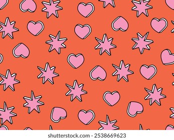 ABSTRACT SEAMLESS HEART AND STAR PATTERN ON RED BACKGROUND. GOOD CHOICE FOR SLEEP WEARS, GIRLS DRESSES, GIFT WRAPPING AND WALLPAPERS. DOODLE REPEAT HEART IN VECTOR FILE