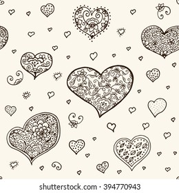 Abstract seamless hearts background. Coloring book flower heart St Valentine day. Coloring page with red hearts details isolated on white background. Doodle zentangle pattern for design