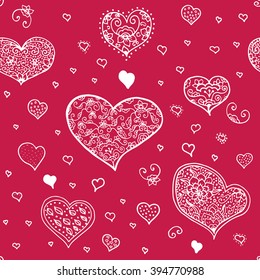 Abstract seamless hearts background. Coloring book flower heart St Valentine day. Coloring page with red hearts details isolated on white background. Doodle zentangle pattern for design