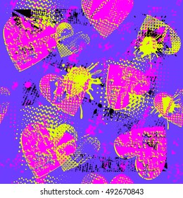 Abstract seamless hearts grunge urban pattern for girls. Chaotic design on purple background. Creative modern design on repeated backdrop. Romantic, love wa;;paper. 