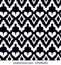 Abstract seamless hearts pattern for girls, fashion clothes, textile. Romantic Repeated backdrop. Creative original design. Modern style. Valentines day. Monochrome black and white ethnic style