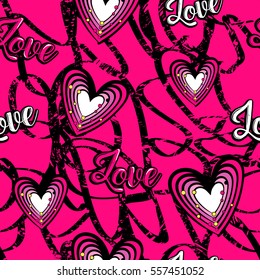 Abstract seamless Hearts pattern for girls. Funny creative design. Valentines day. Chaotic romantic grunge urban pink and black wallpaper. Girlish Love Repeated backdrop with lines, calligraphic text