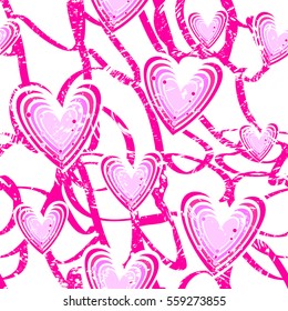 Abstract seamless Hearts pattern for girls. Funny creative design. Valentines day. Chaotic romantic grunge urban monochrome wallpaper for children. Girlish Love Repeated backdrop with lines