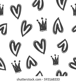 Abstract seamless hearts pattern for girls, fashion textile, wrapping paper. love wallpaper with crown. black and white background