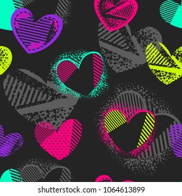 Abstract seamless hearts pattern. Grunge urban repeated backdrop for girl, fashion textile, wrapping paper. Romantic wallpaper. Bright neon colors. teenagers style.  geometric elements