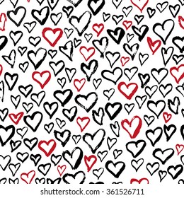 Abstract seamless hearts pattern. Ink hand drawn grungy illustration. Black and red grunge design. Vector file.