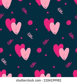 Abstract seamless hearts pattern on dark blue background. Valentines day repeat print. Romantic wrapping paper. Repeated love ornament.