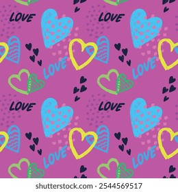 Abstract seamless hearts pattern. Repeat romantic print. 14 February wrapping paper with heart in sketch style and text Love. 