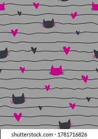 Abstract seamless hearts pattern with repeats line on grey background. Cats silhouette had repeated print for girl, fashion textile, clothes, wrapping paper. Valentines day ornament