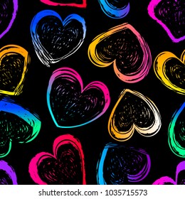 Abstract seamless hearts pattern. Valentines day wallpaper. colorful hearts on black background. romantic repeated backdrop for girl, fashion textile, clutches, wrapping paper. chalk trace.