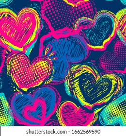 Abstract seamless hearts pattern. Valentines repeated ornament. Grunge textured wrapping paper.