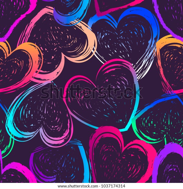 抽象的なシームレスなハートパターン バレンタインデーの壁紙 紫の背景にカラフルなネオングラデーションの汚いハート 女の子 ファッション服 包装紙のロマンチックな繰り返し背景 チョーク痕跡 のベクター画像素材 ロイヤリティフリー