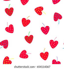 Abstract seamless hearts and strawberry pattern. Romantic repeated backdrop on white background. Cute girlish wallpaper. Berries wrapping paper for girls, textile, clothes.