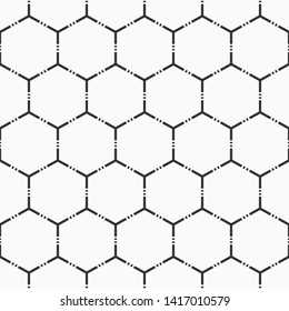 Abstract seamless hexagons pattern. Modern stylish texture. Repeating geometric hexagon tiles made of dotted lines. Minimalistic ornament. Vector monochrome background.