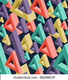 Abstract Seamless Hi-Tech Background with Colorful 3D Objects on Black. Modern Art Vector Concept. Mix of Triangle Shapes in Funky Techno Style