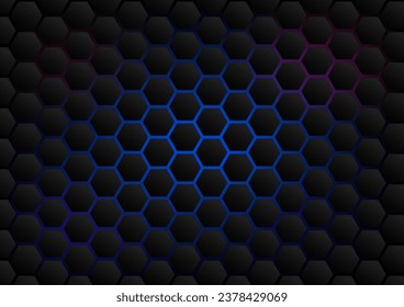 Abstract seamless hive shape on dark gradient background with  neon light of purple and blue color. Futuristic and technology concept. Vector Illustration. EPS10