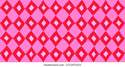 Abstract seamless horizontal geometric bright modern pattern of red diamonds in a row on a pink background, simple vector hand-drawn illustration, drawing, flat style