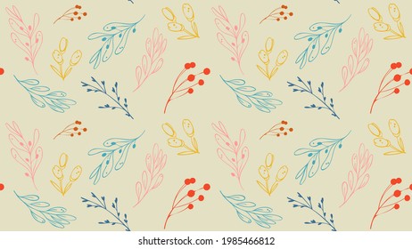 Abstract seamless horizontal pattern. Aesthetic minimalist background for cover design, interiors, web, social networks. Fashionable bright sketch illustration with doodles, flowers, plants, leaves.