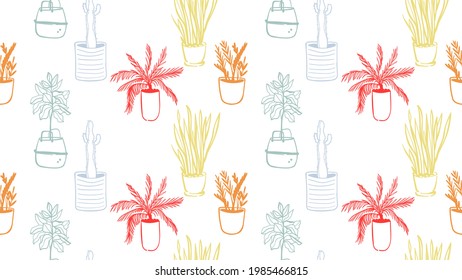 Resumen de un patrón horizontal sin fisuras. Fondo estético minimalista para diseño de portada, interiores, web, redes sociales. Dibujo de boceto brillante de moda con doodles, flores, plantas, hojas.