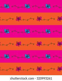 Abstract seamless horizontal pattern with bright cartoon drawing flowers on orange background. Vector illustration