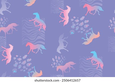 Abstract seamless horses pattern. Wild horse silhouette print with leopard skin, zebra lines ornament. Animal ornament for fashion textile, girl clothes, wrapping paper.