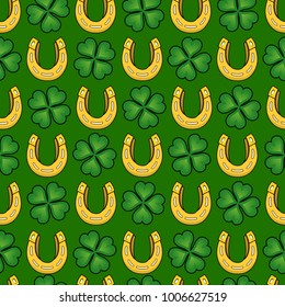 Abstract seamless horseshoe pattern for girls, boys, clothes. Creative vector pattern with horseshoe, clover leaf. Funny wallpaper for textile and fabric. Fashion horseshoe pattern style for kids