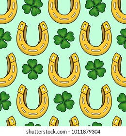 Abstract seamless horseshoe pattern for girls, boys, clothes. Creative vector pattern with horseshoe, clover leaf. Funny wallpaper for textile and fabric. Fashion horseshoe pattern style for kids