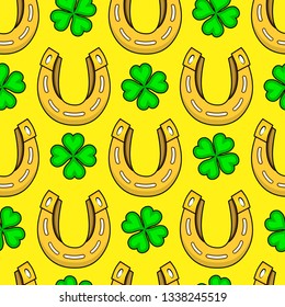 Abstract seamless horseshoe pattern for girls, boys, clothes. Creative vector pattern with horseshoe, clover leaf. Funny wallpaper for textile and fabric. Fashion horseshoe pattern style for kids