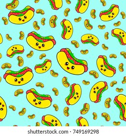 Abstract seamless hot dog pattern for girls or boys. Creative vector background with hot dog, sausage. Funny wallpaper for textile and fabric. Fashion hot dog style. Colorful bright picture