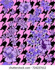 Abstract seamless houndstooth design. Grunge background with flowers. 