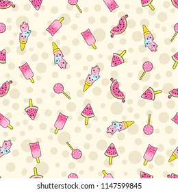 Abstract seamless ice cream pattern. Creative vector kids background with ice cream, cute eyes, cactus, stars, rainbow. Funny kids pattern for textile and fabric. Fashion ice cream pattern style.