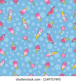 Abstract seamless ice cream pattern. Creative vector kids background with ice cream, cute eyes, cactus, stars, rainbow. Funny kids pattern for textile and fabric. Fashion ice cream pattern style.
