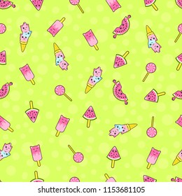 Abstract seamless ice cream pattern. Creative vector kids background with ice cream, cute eyes, cactus, stars, rainbow. Funny kids pattern for textile and fabric. Fashion ice cream pattern style.
