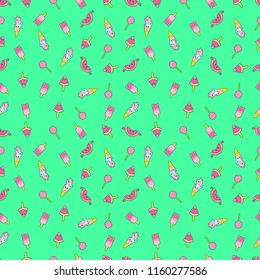 Abstract seamless ice cream pattern. Creative vector kids background with ice cream, cute eyes, cactus, stars, rainbow. Funny kids pattern for textile and fabric. Fashion ice cream pattern style.