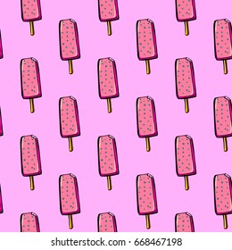 Abstract seamless ice cream pattern. Good frozen food. pink girlish repeated backdrop. cute childish wallpaper for textile, clothes,wrapping paper. 