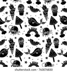 Abstract seamless ice cream pattern for girls or boys. Creative vector background with ice cream, cute eyes, cactus, stars, rainbow. Funny wallpaper for textile and fabric. Fashion ice cream style.